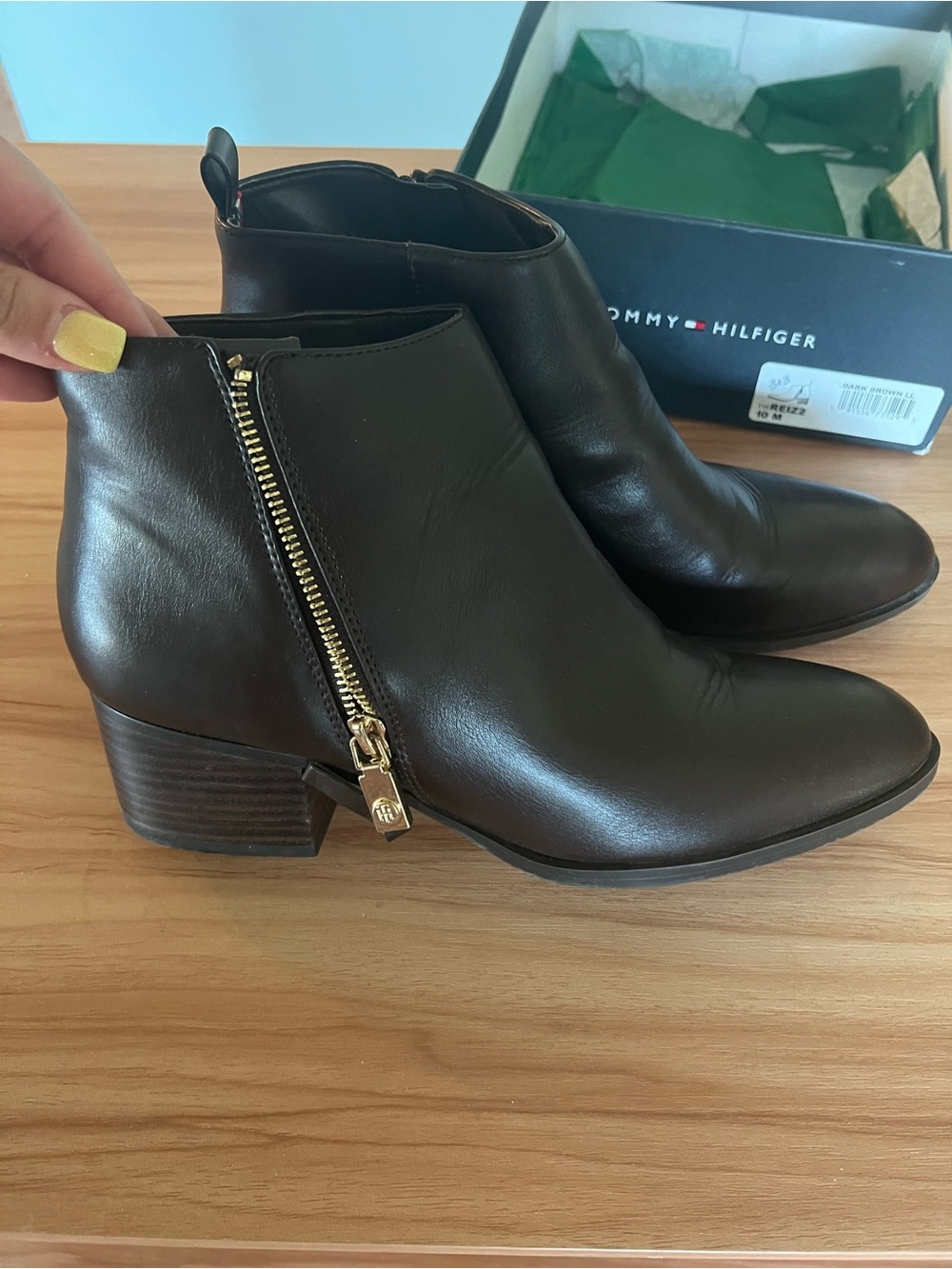 Tommy Hilfiger Women's Dark Brown Leather Ankle Booties with Gold Zip Accent